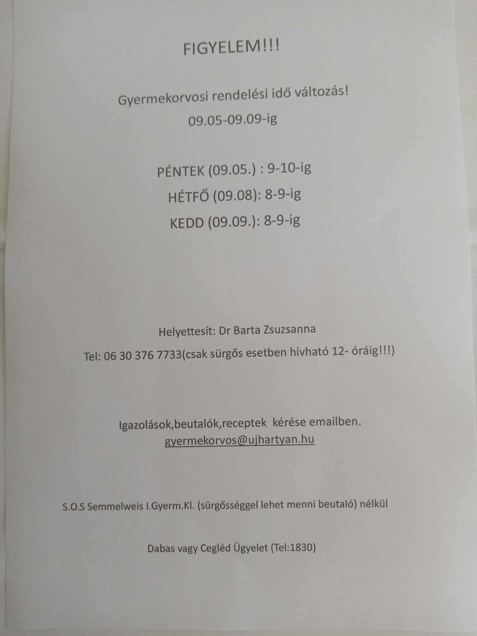 Gyermekorvos rendel&eacute;si idő v&aacute;ltoz&aacute;s