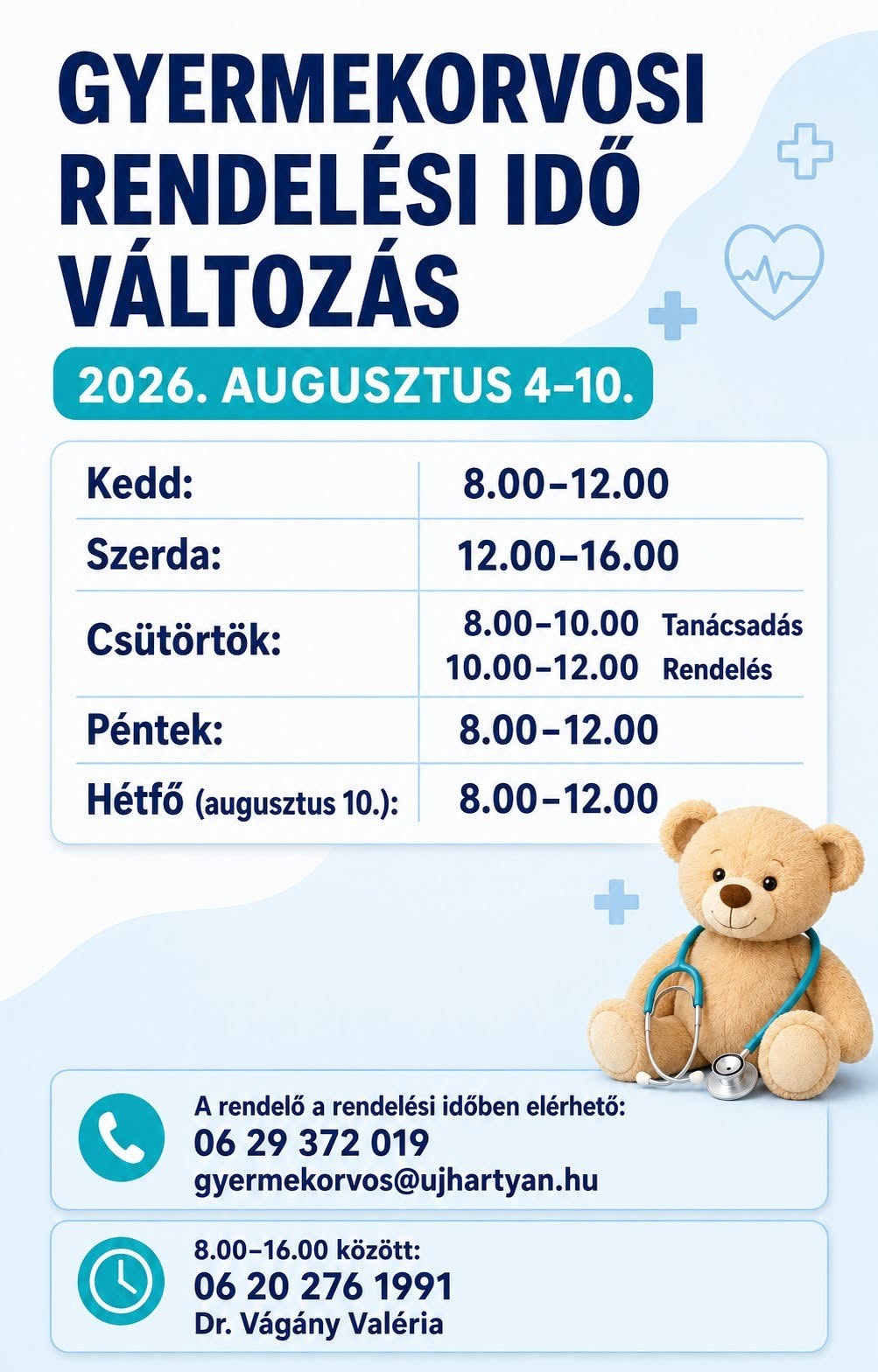 Gyermekorvos rendelési idő változás