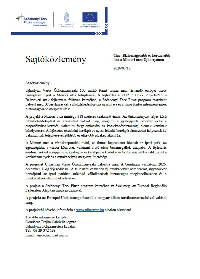 Monori utca fel&uacute;j&iacute;t&aacute;sa sajt&oacute;k&ouml;zlem&eacute;ny